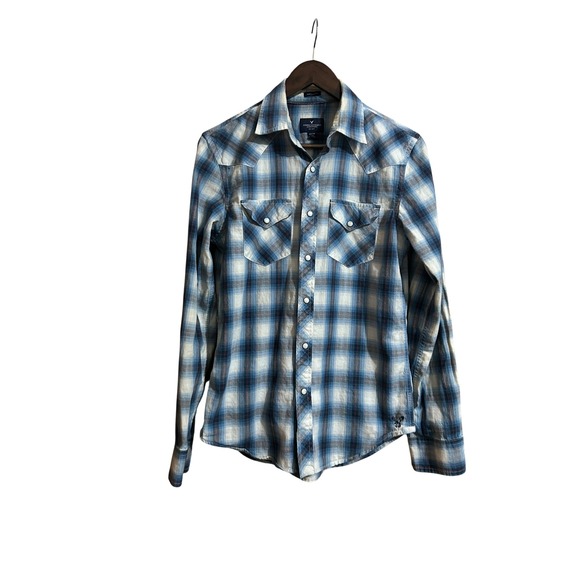 American Eagle Vintage Woman's‎ Shirt XS blue Plaid Cotton Button Up Vintage Fit - Picture 1 of 4